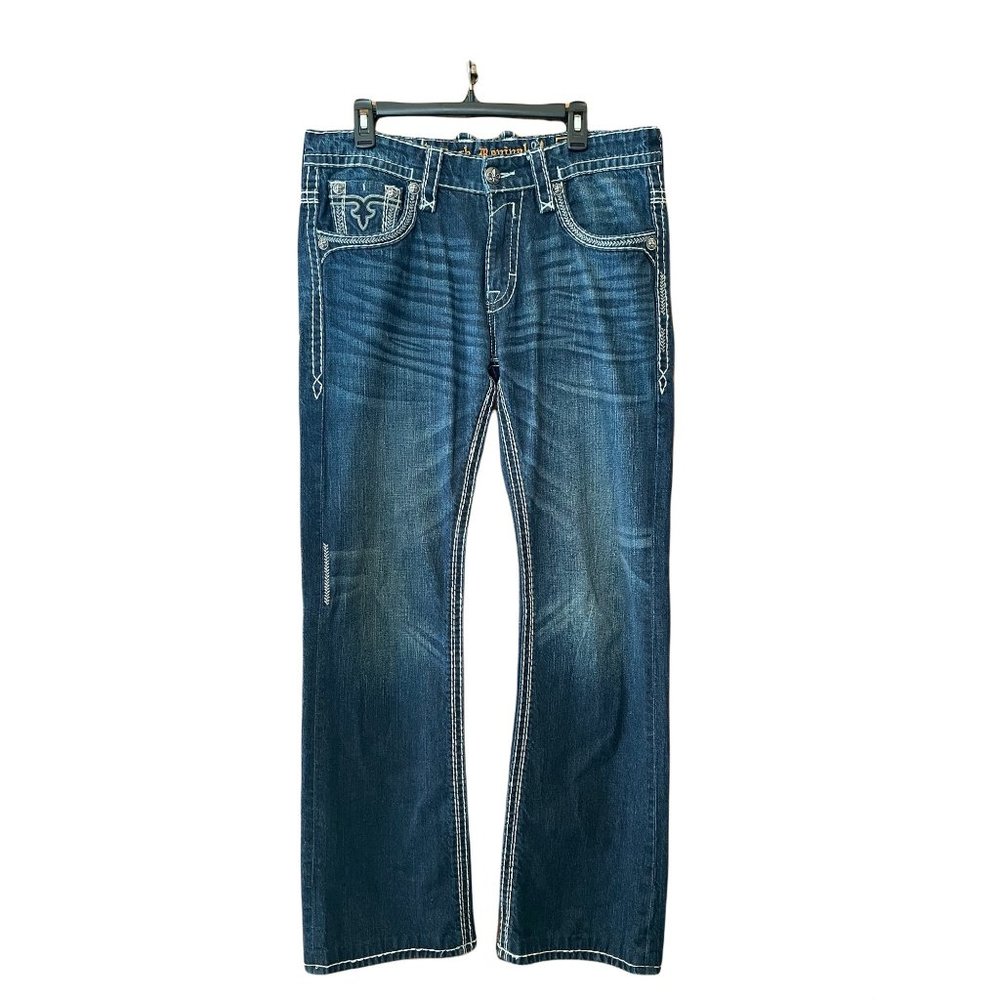 Rock Revival Mens Bruno Boot Denim Jeans 34 Distressed Thick Stitch 100% Cotton